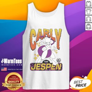 Alt Text: Carly Rae Jepsen wearing an Awesome Mewtwo Pokemon tank top designed by Brian Robert Jones, showcasing vibrant colors.