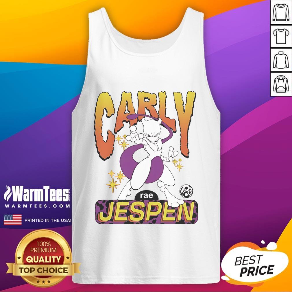 Alt Text: Carly Rae Jepsen wearing an Awesome Mewtwo Pokemon tank top designed by Brian Robert Jones, showcasing vibrant colors.