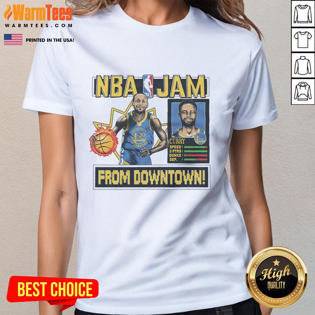 Awesome NBA Jam Warriors Stephen Curry ladies tee featuring vibrant graphics and comfortable fit for fans.