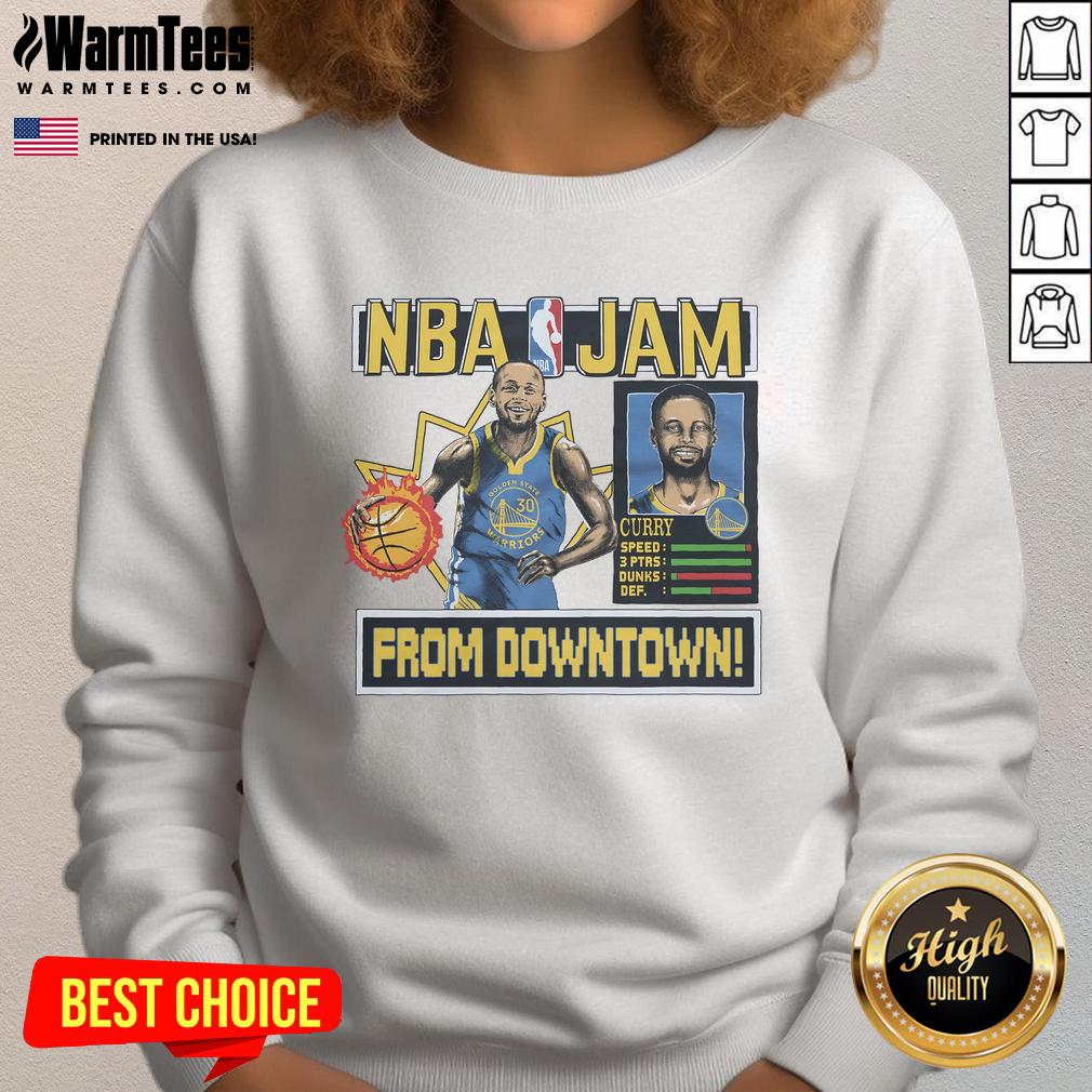 Awesome NBA Jam Warriors sweatshirt featuring Stephen Curry, perfect for fans of Golden State basketball.