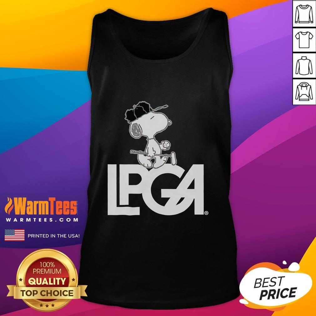 Awesome Peanuts X LPGA Snoopy tank top featuring a playful Snoopy design, perfect for golf enthusiasts and fans.