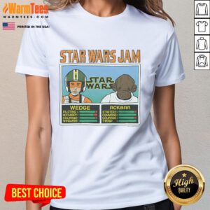 Awesome Star Wars Jam Wedge and Ackbar ladies tee featuring vibrant graphics of iconic characters on a stylish shirt.