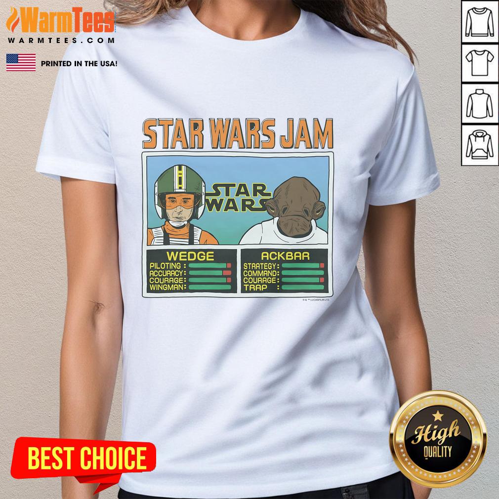 Awesome Star Wars Jam Wedge and Ackbar ladies tee featuring vibrant graphics of iconic characters on a stylish shirt.