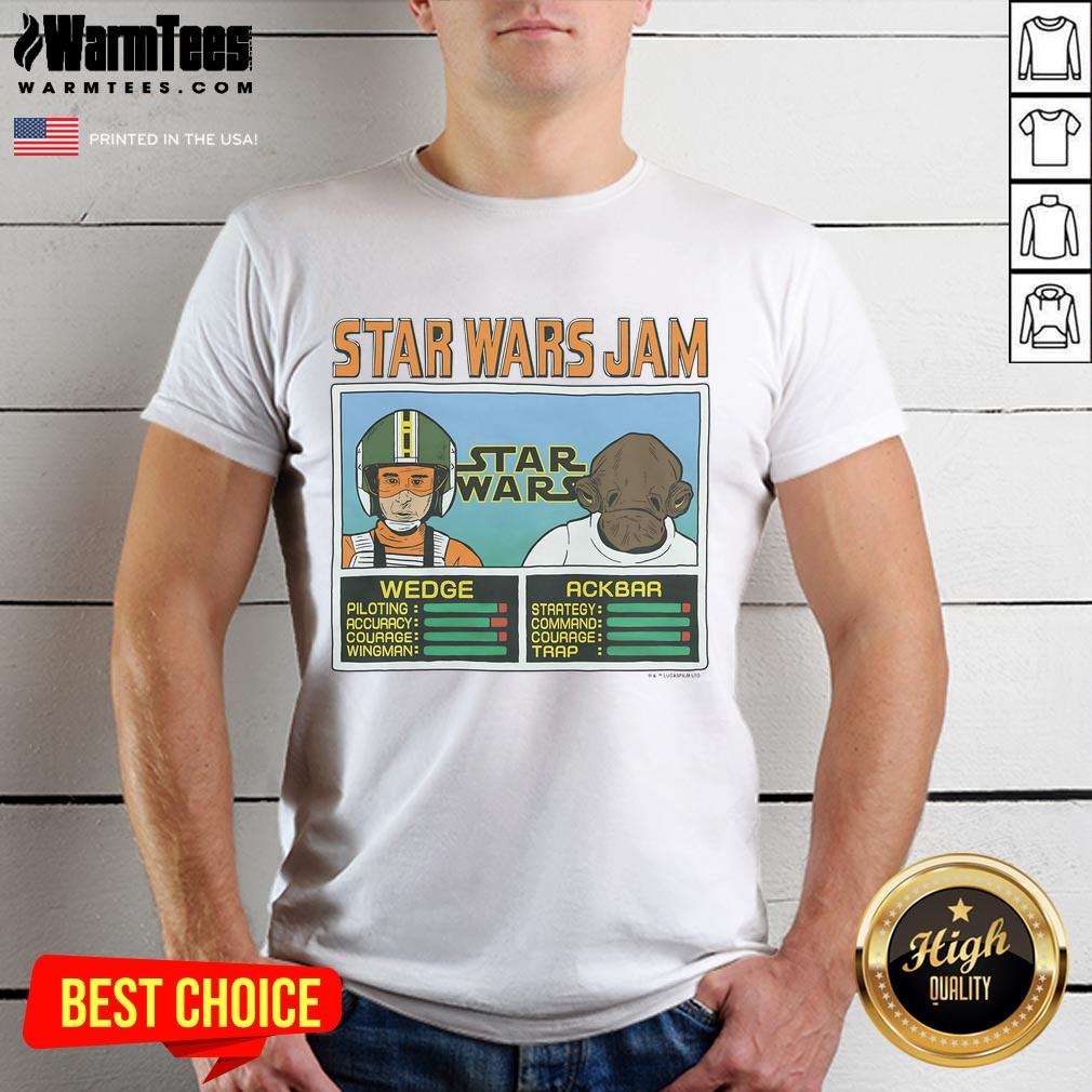 Alt Text: Awesome Star Wars Jam Wedge and Ackbar T-Shirt featuring iconic characters and vibrant design for fans.
