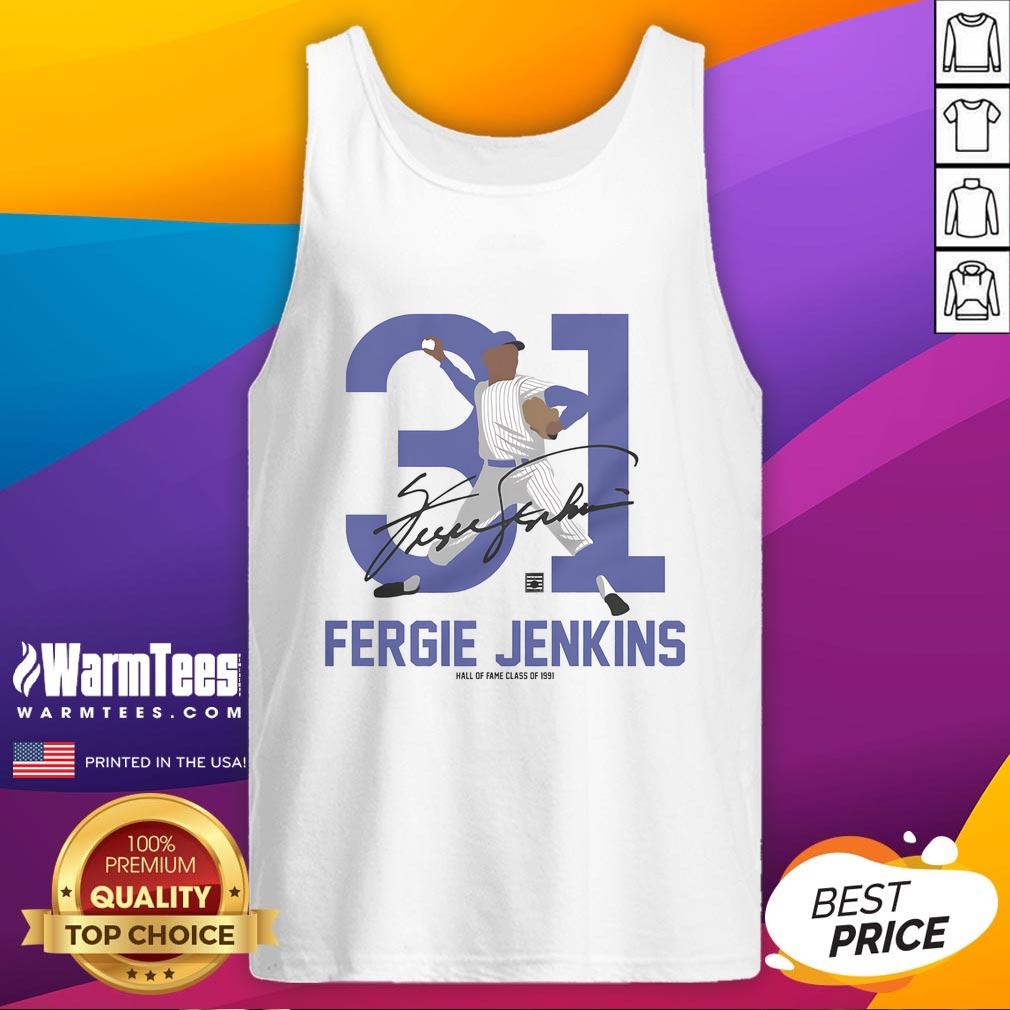 Alt Text: Awesome Team Brown Fergie Jenkins Baseball Hall of Fame member signature tank top showcasing baseball memorabilia.