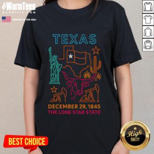 Awesome Texas December 29, 1845 neon design on ladies tee, celebrating the Lone Star State's rich history and vibrant culture.