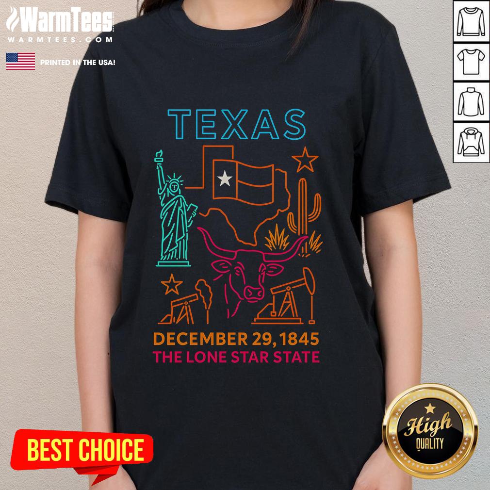 Awesome Texas December 29, 1845 neon design on ladies tee, celebrating the Lone Star State's rich history and vibrant culture.