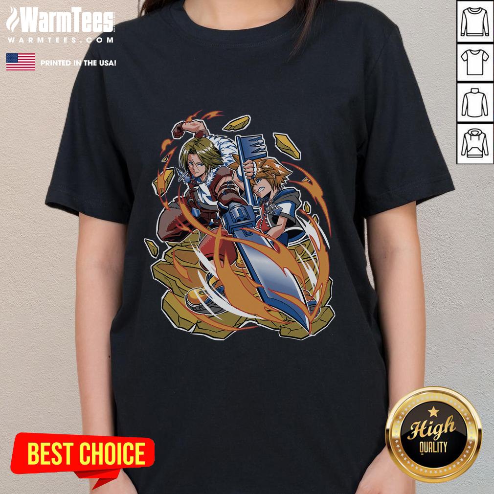 Awesome War of the Lions Squall Leonhart and Ventus graphic on a stylish ladies tee, perfect for Final Fantasy fans.