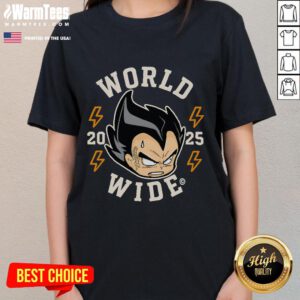Awesome World Wide Vegeta 2025 ladies tee featuring vibrant colors and a stylish design for Dragon Ball fans.