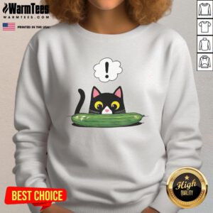 Adorable cat alerting to a cucumber on a cozy sweatshirt featuring 'Cute Cat Cucumber Alert' design.