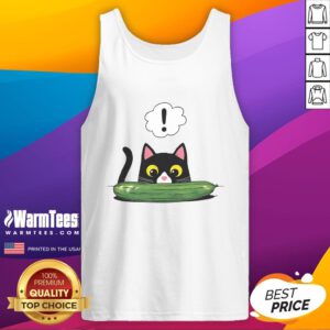 Adorable cat startled by a cucumber, wearing a 'Cute Cat Cucumber Alert' tank top, showcasing playful pet humor.