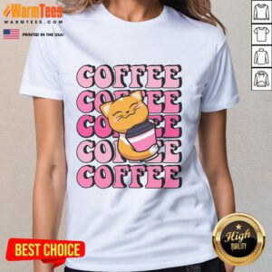 Cute cat with coffee on a ladies tee, perfect for cat lovers and coffee enthusiasts.