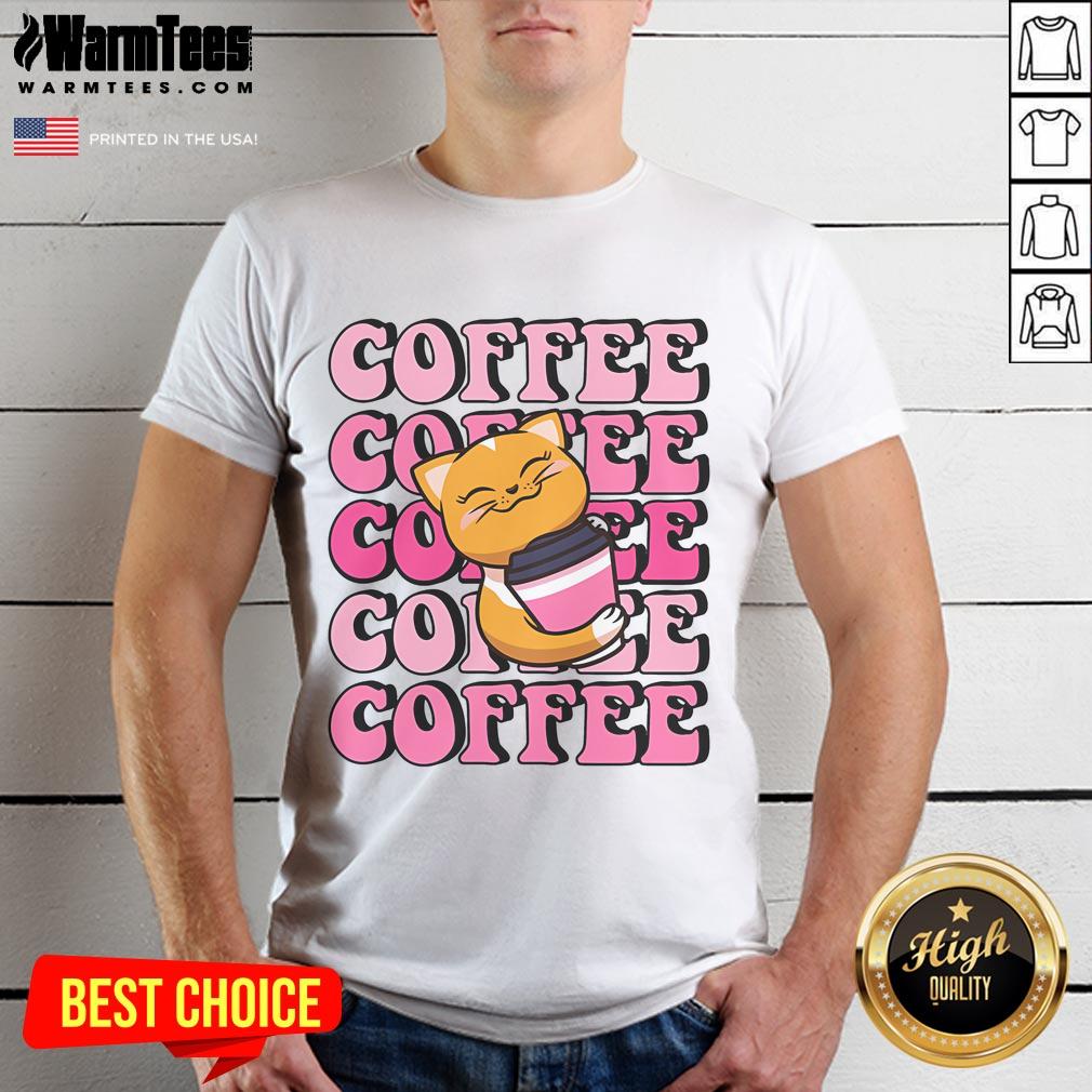 Adorable cute cat with coffee t-shirt, featuring a playful design perfect for cat lovers and coffee enthusiasts.