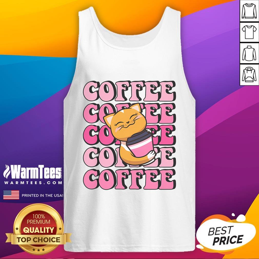 Cute cat wearing a coffee-themed tank top, showcasing its playful personality and stylish outfit.