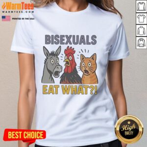 Alt Text: Cute donkey, rooster, and cat bisexually enjoying food together on a fun ladies tee design.