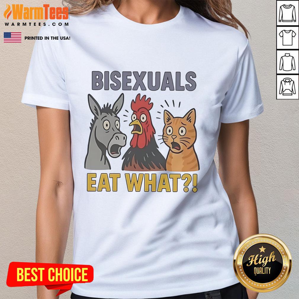 Alt Text: Cute donkey, rooster, and cat bisexually enjoying food together on a fun ladies tee design.