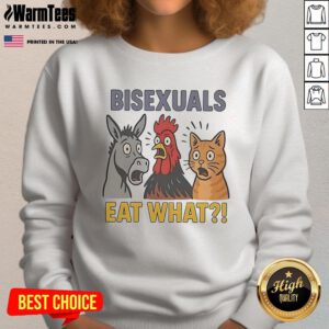 Adorable cute donkey, rooster, and cat graphic on a sweatshirt, celebrating bisexual pride and inclusivity.