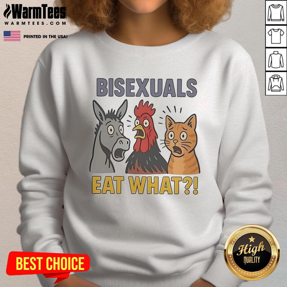 Adorable cute donkey, rooster, and cat graphic on a sweatshirt, celebrating bisexual pride and inclusivity.