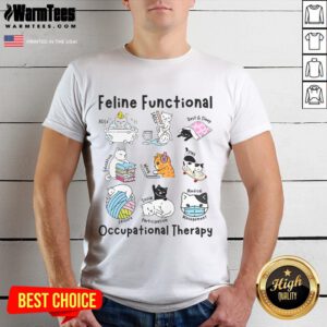 Adorable cat graphic on a functional occupational therapy T-shirt for OT therapists, showcasing cute feline fun.