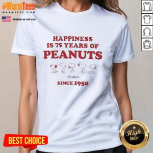 Cute 'Happiness is 75 Years of Peanuts Since 1950' ladies tee showcasing playful design and vibrant colors.