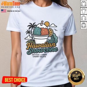 Alt Text: Vintage ladies tee featuring a cute Hawaiian snowcone design with Zkittlez and Lemon Cherry Gelato flavors.