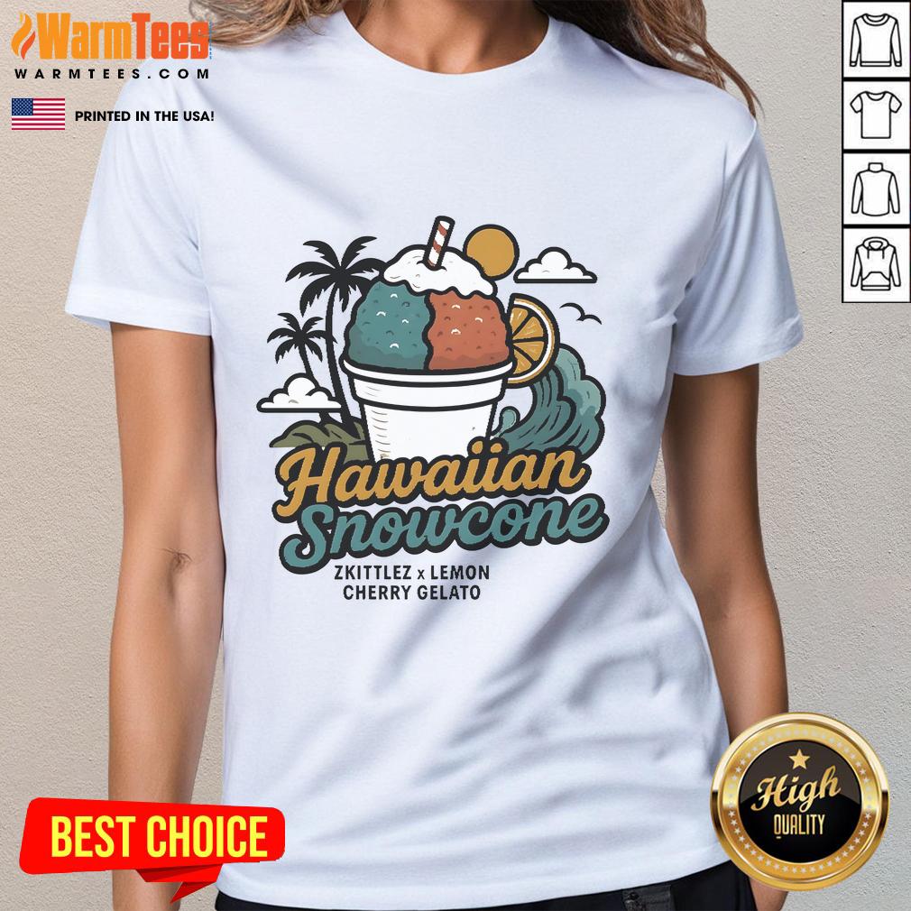 Alt Text: Vintage ladies tee featuring a cute Hawaiian snowcone design with Zkittlez and Lemon Cherry Gelato flavors.