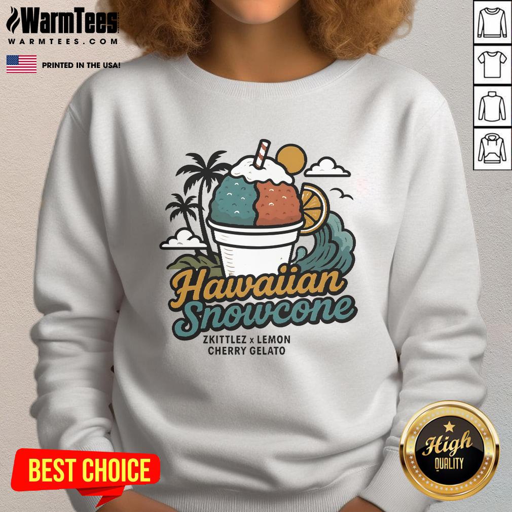 Alt Text: Cute Hawaiian snowcone design on a vintage sweatshirt featuring Zkittlez and Lemon Cherry Gelato colors.