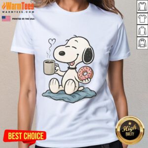 Alt Text: Cute Peanuts donut coffee Snoopy ladies tee featuring vibrant graphics of Snoopy and donuts, perfect for casual wear.