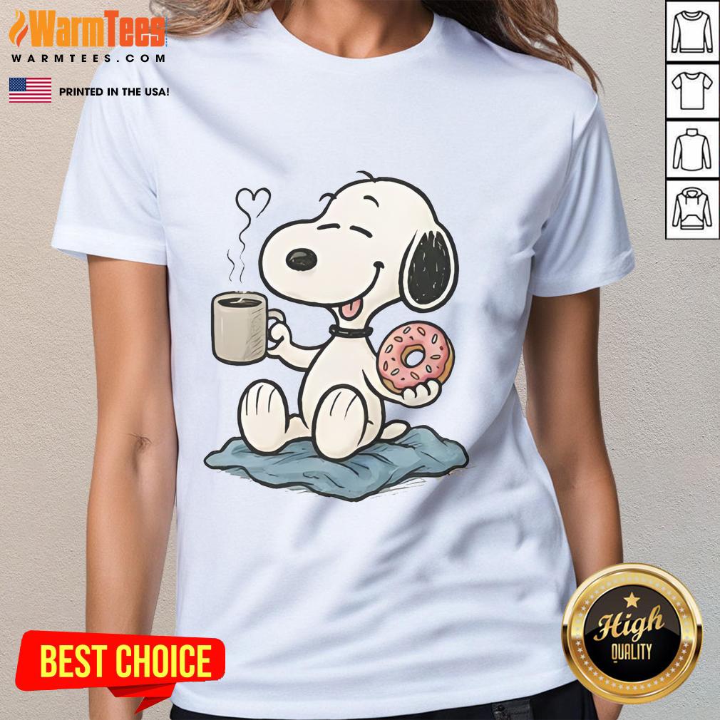 Alt Text: Cute Peanuts donut coffee Snoopy ladies tee featuring vibrant graphics of Snoopy and donuts, perfect for casual wear.