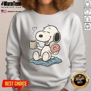 Cute Peanuts Donut Coffee Snoopy sweatshirt featuring colorful graphics of Snoopy enjoying donuts and coffee.