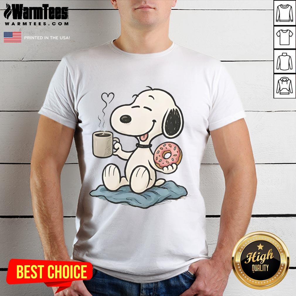 Adorable Cute Peanuts Donut Coffee Snoopy T-Shirt featuring colorful graphics of Snoopy enjoying a donut and coffee.