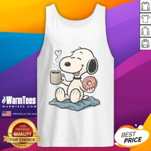 Cute Peanuts donut coffee Snoopy tank top featuring vibrant graphics of Snoopy enjoying a donut and coffee.