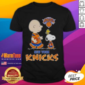 Cute Peanuts New York Knicks T-Shirt featuring iconic characters in team colors, perfect for fans and collectors.