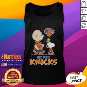 Alt Text: Cute Peanuts New York Knicks tank top featuring Charlie Brown in Knicks colors, perfect for basketball fans.