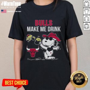 Cute Snoopy and Woodstock Chicago Bulls Make Me Drink ladies tee featuring fun graphic design and vibrant colors.