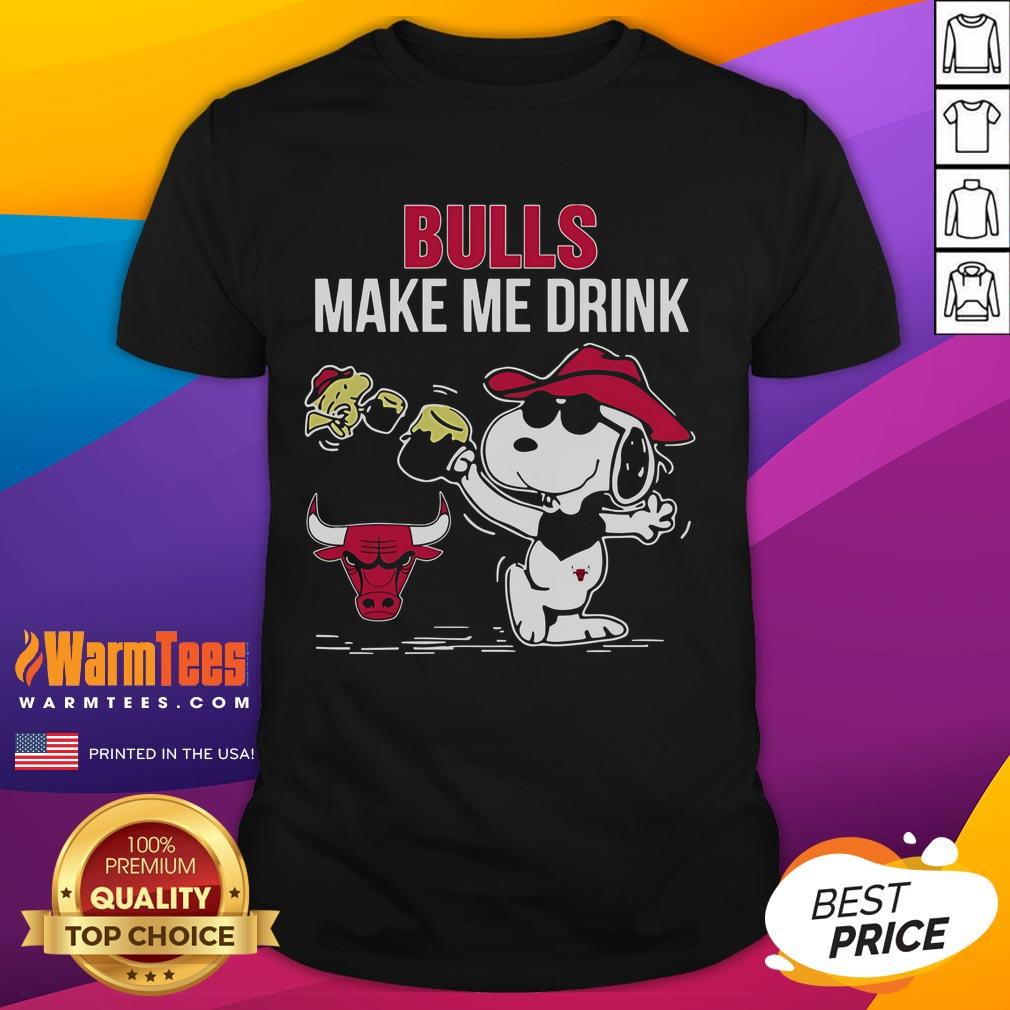 Cute Snoopy and Woodstock Chicago Bulls t-shirt design that says 'Make Me Drink', perfect for fans and casual wear.