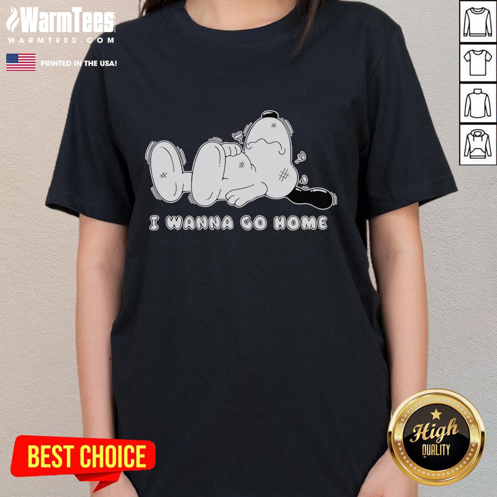 Alt Text: Cute Snoopy I Wanna Go Home Ladies Tee featuring a playful Snoopy graphic on a stylish women's t-shirt.