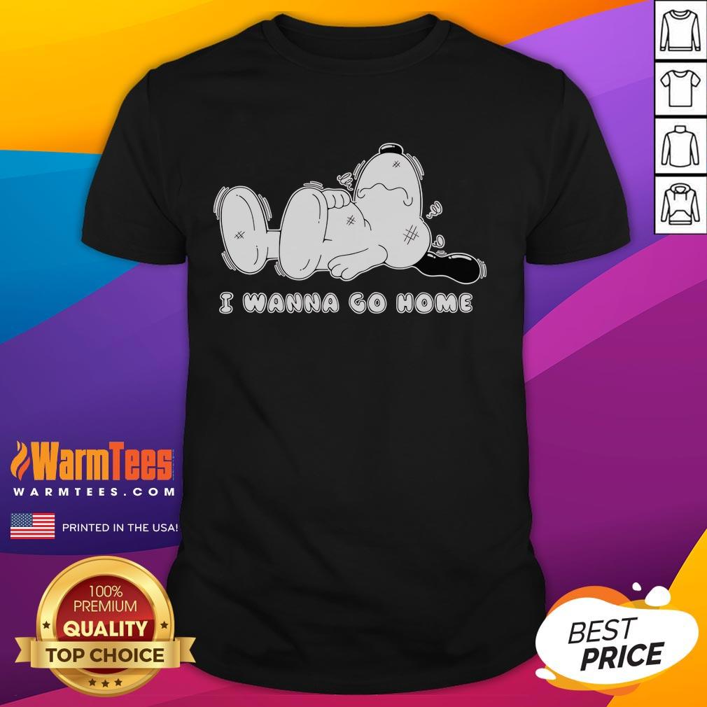 Alt Text: Cute Snoopy I Wanna Go Home T-Shirt featuring vibrant colors and a playful design perfect for casual wear.