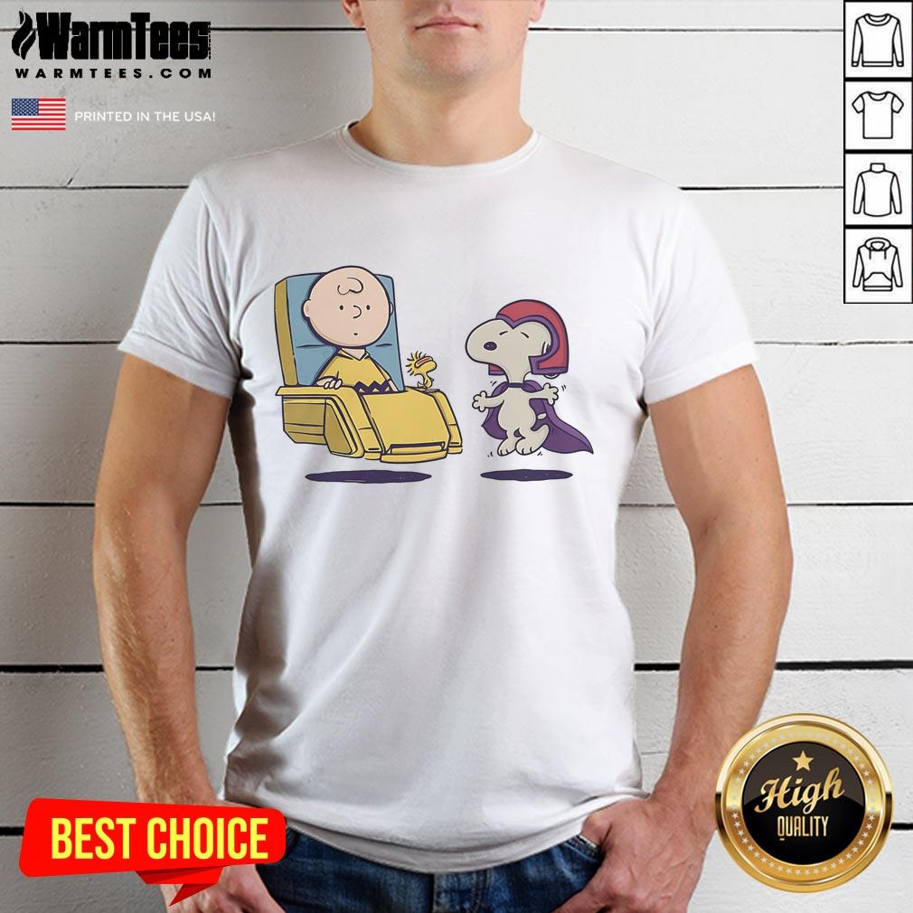 Cute Snoopy Peanuts Woodstock X-Men T-Shirt featuring vibrant graphics of Snoopy and Woodstock in superhero style.