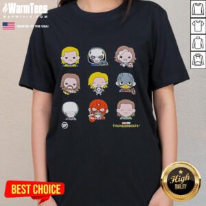 Alt Text: Cute thunderbolts emoji characters on a stylish ladies tee, perfect for fun and trendy casual wear.