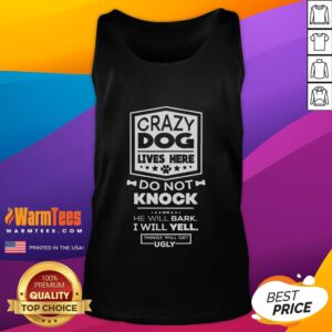 Funny Crazy Dog Lives Here Do Not Knock tank top design featuring a playful dog illustration and vibrant colors.
