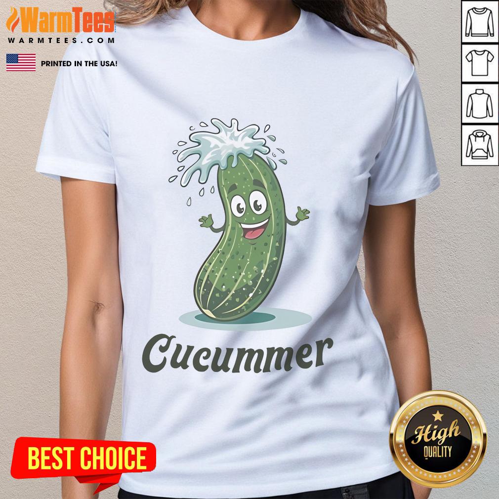 Funny Cucumber Dick Lazers Ladies Tee featuring a humorous graphic of a cucumber with laser eyes on a stylish shirt.