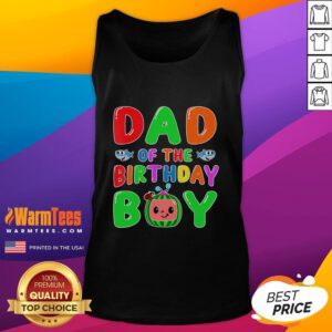 Funny Dad of the Birthday Boy wearing a Melon Family matching tank top, celebrating with joy at a birthday party.