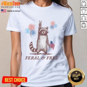 Funny feral raccoon in patriotic attire on 4th of July ladies tee, perfect for celebrating Independence Day.