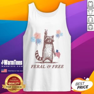 Funny feral raccoon wearing a patriotic tank top for 4th of July celebration, showcasing its playful spirit.