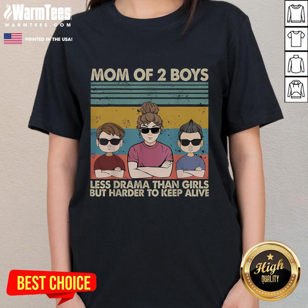 Alt Text: Funny mom of 2 vintage tee featuring humor about raising boys vs. girls, highlighting less drama but more challenges.