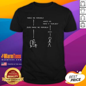 Funny Sudo Make Me Popcorn Linux Stickman Programming T-Shirt featuring a quirky stickman and popcorn graphics.