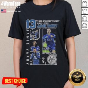 Leicester City 2012-2025 tribute tee featuring Jamie Vardy, celebrating 13 years of unforgettable moments.