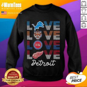 Cozy sweatshirt featuring Detroit sports team logos: Lions, Tigers, Pistons, and Red Wings, perfect for fans.