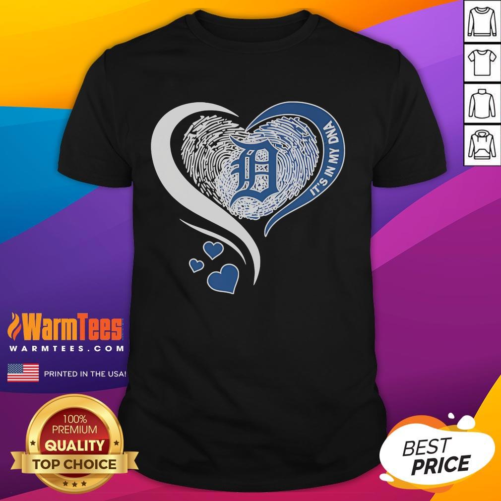 Good Detroit Tigers It's In My DNA heart T-shirt featuring team colors and logo, perfect for passionate baseball fans.